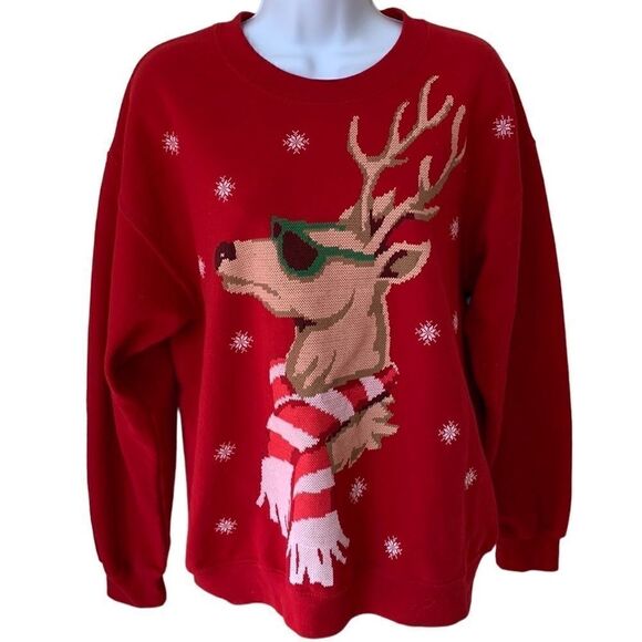 Vintage Christmas Crewneck Red Sweatshirt Reindeer Sunglasses Cross Stitch‎ - Picture 1 of 8